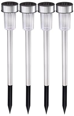 Grundig Solar Gartenleuchten - Solarleuchten 4 Stück - Gartenlampen für Draußen - Solarlampen mit Weißem Licht - 6-8 Stunden Batterielebensdauer - IP44 Wasserbeständig - Ø4,8 x 36,5 cm - Edelstahl