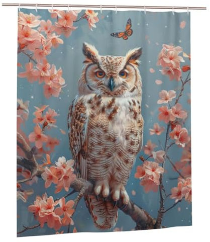180x120cm Duschvorhang Eule Duschvorhänge Textil Waschbar mit 12 Plastik Duschvorhangringe, Polyester Duschvorhang mit Gewicht Unten, Home Zimmer Deko Bad Vorhang, Geschenke für Frauen Männer, Blume