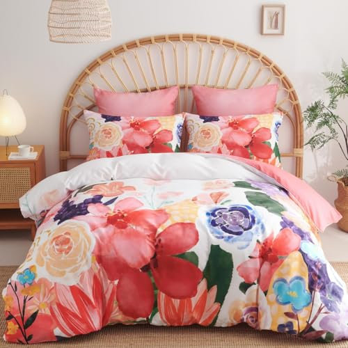 Lanqinglv Bettwäsche 155x220 Rot Bunt Blumenmuster Wende Bettwäsche Set Bohemian Boho Stil,Bettbezug mit Reißverschluss und 1 Kissenbezug 80x80,ÖkoTex Bettwäsche für Allergiker Geeignet