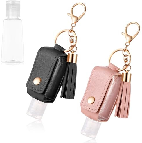 Grevosea Handdesinfektionsmittelhalter, 30 ml, tragbar, Leder, Reisegröße, Schlüsselanhänger, leere Quetschflaschen, nachfüllbarer Behälter für Toilettenartikel, Lotion, Flüssigseife, Shampoo, 2