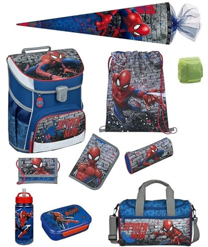 Familando Jungen Schulranzen 1. Klasse · Scooli Campus Fit Schultasche · ergonomisch & leicht · Schulranzen Set für Jungs und Mädchen (10-teiliges Set mit Schultüte, Spiderman Blau)