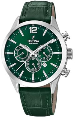 Festina Herren Uhr Analog mit Grünem Lederarmband - Quarzwerk - Chronograph - Kalender - Mineralglas mit hoher Widerstandsfähigkeit - Wasserdicht bis 5 ATM - Elegant F20542/7 Timeless Chronograph