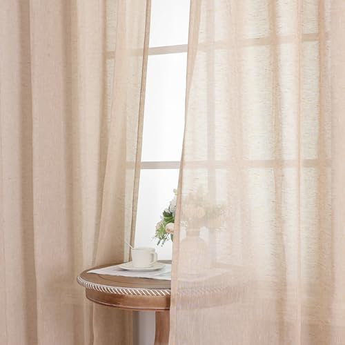 BellaHills Gardinen Leinenoptik Wohnzimmer Vorhänge Kurz 2er Set H 230 x B 140 cm Leinenvorhang Halbtransparent Thermovorhang mit Ösen Vorhang Leinen für Wohnzimmer, Natur