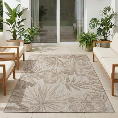 Carpetsale24 Outdoor Teppich Beige 280x370 cm, Wetterfest & UV-beständig, ideal für Küche, Balkon, Terrasse, Garten auch Wohnzimmer und Esszimmer, Palmblätter-Design, Leicht zu Reinigen