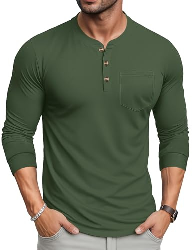 MAGCOMSEN Mens Tops Henley Long Sleeve Lightweight Shirts Cotton Casual Breathable Tshirt 3 Button Crew Neck Tee with Pocket,Army Green,L