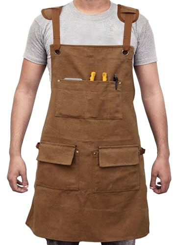 YUNYOUC Woodworking Apron with 5 Tool Pocket, Heavy Duty Waterproof Oxford Cloth Workshop Tool Aprons, Adjustable Cross Strap Men Housework Apron for M-XXL Men Women Painting