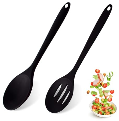 Silicone Cooking Spoons, 2 Pcs Black Kitchen Spoon and Slotted Spoon, Nonstick Mixing & Slotted Spoons, Heat Resistant Large Silicone Spoons for Cooking, Stirring, Scooping and Mixing