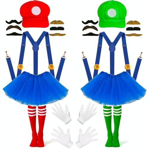 Mario und luigi kostüm,Karneval Mario Kostüm Bros Mütze Hut Röcke Socken Handschuhe Bart gelbe Knöpfe für Fasching-Erwachsene Damen Herren Kind Outfits Cosplay Karneval