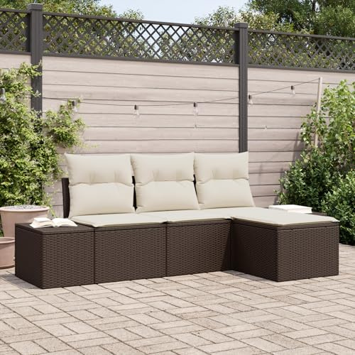 IBUQDDV 4-TLG. Outdoor Ecksofa Set mit Kissen in Braun und Weiß aus robustem Poly-Rattan, wetterfeste Gartenmöbel mit modularem Design für Terrasse und Balkon