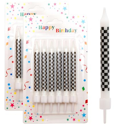 Hopzab 12PCS Racing Car Birthday Candles, Black and White Checkered Flag Sparkler Toppers for Cake Decorations, Novelty Party Supplies, Paraffin Wax