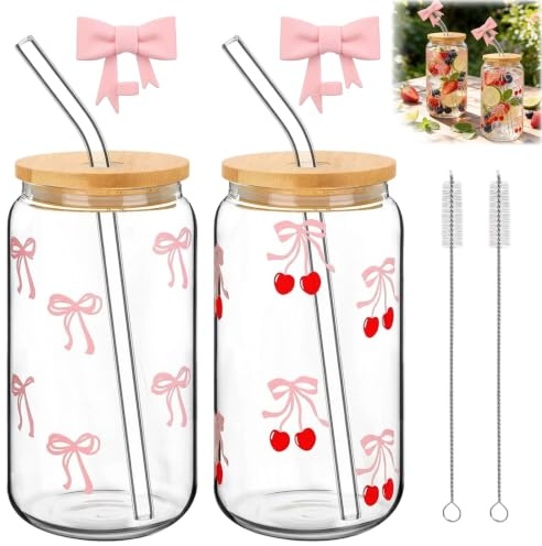 Juego de 2 Vasos con Tapa y Pajita de Cristal, 450 ml de Cristal | con Pajita y Tapa, con Lazo Rosa, con Cepillo para Pajita, para Zumos de Frutas, Batidos, Cócteles