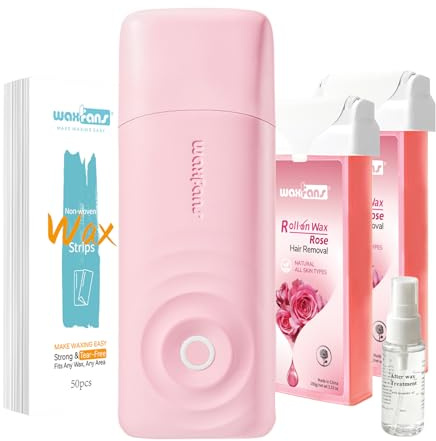 Waxfans Wax Roller Kit, Waxing Kit for Hair Removal, Cera Para Depilar at Home Waxing Kit for Body and Legs Hair Removal, with 2 Wax Refills (Honey) & 50 Wax Strips, Easy & Smooth (Rose)