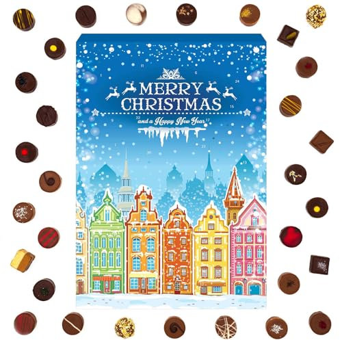 Hallingers Stadtweihnacht - Adventskalender Pralinen Geschenk handmade teils mit Alkohol aus Edelkakao Schokolade (Box) - Geschenk im Sommer & als perfektes Grillgeschenk | Glückwunsch Chanukka Freund