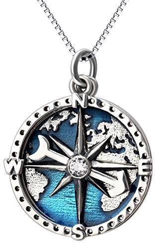YFN Halskette mit Kompass-Anhänger, Sterlingsilber, Marineblau, Anker, Reisekarte, Halskette, Kompass, Schmuck für Damen und Herren, 45,7 cm + 5,1 cm (Blue-Kompass Schmuck)