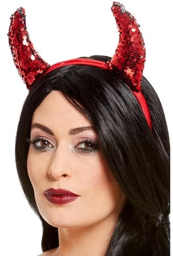 Smiffys Wendbare Teufelshörner mit Pailletten, Rot, auf Stirnband