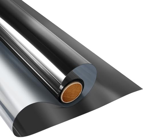 KESPEN Película de espejo de una sola vía privacidad diurna no adhesiva anti UV control de calor reflectante para ventana vinilo adhesivo estático color negro y plateado 35.4 pulgadas x 32.8 pies