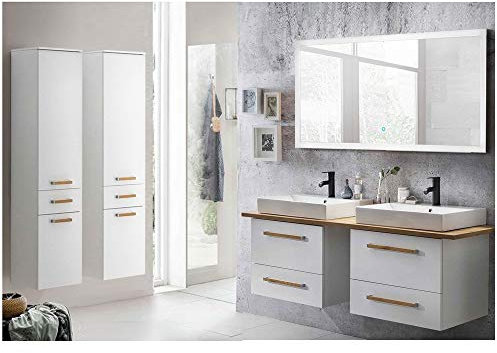 Lomadox Badezimmermöbel Komplett Set, weiß mit Eiche hell,165cm Doppel Keramik-Waschtisch, 140cm LED-Touch-Spiegel und Hochschrank