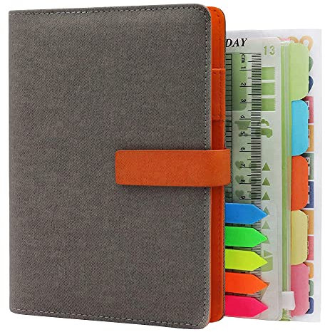 HXRTANGS A6 Nachfüllbares Notizbuch PU Gepolsterte Abdeckung, 6 Ringbuch Journal Liniertes Persönlicher Organizer Planer 80 Blätter mit Stift Halter Magnet-Verschluss, Hellgrau