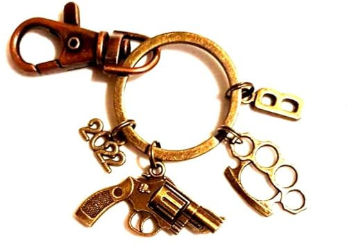 Antique Gold Tone Personalised Gun and Knuckle Duster Keychain with Initial, Handgun and Knuckle Duster Bag Charm, Gangster Keychain, Rapper