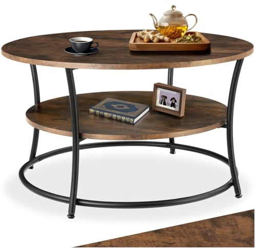tectake® Table Basse Ronde Ø 80 x 46 cm, Table Basse Salon Style Industriel Tendance, 2 Niveaux, Meuble Salon, Meuble Industriel, Bout de canapé Décoration pour la Maison, Bois Foncé
