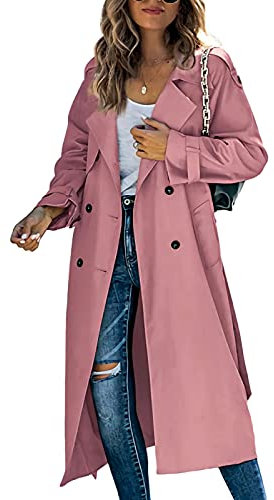 Minetom Trench Long pour Femme Trench Léger à Double Boutonnage Lady Coupe-Vent Printemps Automne Manteau B Rose XXL