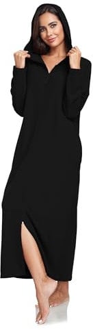 COLORFULLEAF Damen Reißverschluss Bademantel Langarm Kapuze Fleece Bademantel Weich Warm Hausmantel Loungewear mit Taschen(Schwarz,2XL)