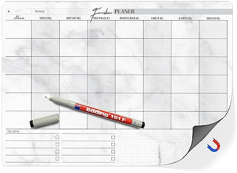 TOBJA® Familienplaner abwischbar DIN A3 magnetisch - Wochenplaner bis 6 Personen oder Monatsplaner - Inkl. Markenstift - Organisieren und planen leicht gemacht! (Magnettafel + 1 Stift)
