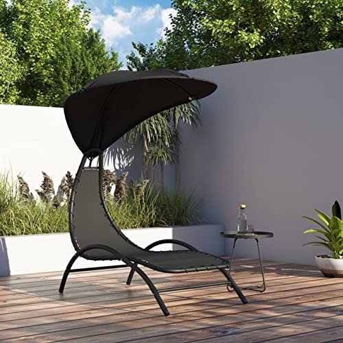 LAPOOH Sonnenliege mit Dach, Liegestuhl, Gartenliege, Relaxliege, Balkonliege, Liegen, Sun Lounger, Freizeitliege, Sommer Liegen, Gartenmöbel, Schwarz 167x80x195 cm Stoff und Stahl