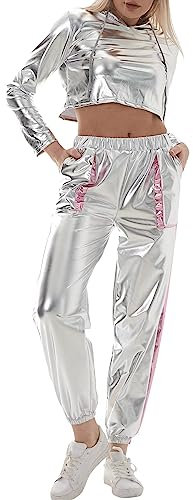 IWEMEK Rave Outfits Damen Metallic Top Glitzer Hose Trainingsanzug Glänzend Hohe Taille Jogginghose Lack Leder Oberteil 80er 90er Fasching Festival Party Disco Hip Hop Kostüm #A: Silber L