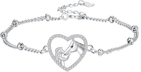 Hifeeled Pferd und Mädchen Armband Damen 925 Sterling Silber Pferd Armbänder für Frauen Original Schmuck Geschenk Mutter Ehefrau Tochter Verstellbarer [16+4cm]