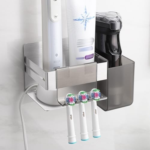 OETAMS Porta Spazzolino Elettrico, Porta Testine Spazzolino Elettrico con 2 Accessori da Bagno, Acciaio Inox Porta Spazzolini Bagno Senza Foratura, Supporto per Spazzolino da Denti, Adesivo Argento