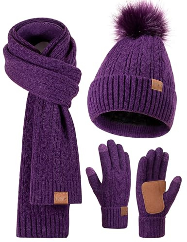 Wintermützen-Set für Damen, Beanie-Mütze, Schal und Handschuhe für Damen, Pom Pom Beanie, Fleece, Halswärmer, Handschuhe, Touchscreen, Geschenkset, 3-in-1