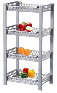 Qualiware 4 Tier Food Veg Storage Caddy Rack Organise Fruit Trolley Basket Stand Corner Fruit Basket Caddy Plastic Organiser Standing Shelf Rack Vegetables (Grey)