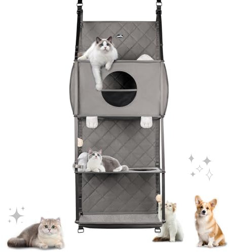 Wakytu Hanging Cat Tree - Door Mounted Climber Wall Cat Hammock for Indoor, Hanging/Elevated Bed - 4 Story with Removable Pillow,Ball Toy and Roller Blind