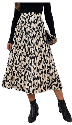 SOLY HUX Damen Elegant Leopardenmuster A Linien Plissee Rock mit Elastischem Bund - Langer Freizeitrock