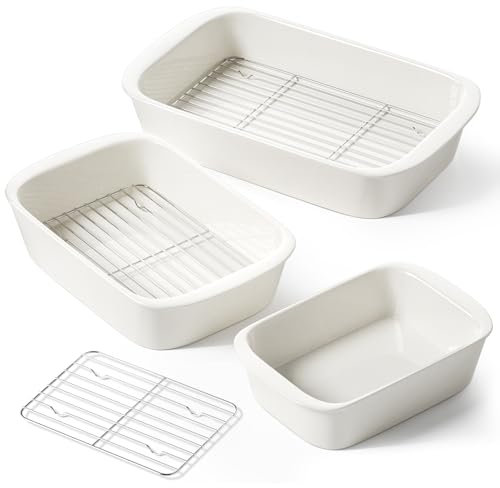 LE TAUCI Deep Casserole Dishes for Oven, 13.7”x9.6” Ceramic Baking Dish Set with Roasting Racks, Large Lasagna Pans with Handles, Rectangular Bakeware as Gift for Mom, White (4.6QT/3.0QT/1.6QT), Set