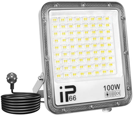 SKYWORLD 100W LED Strahler Außen 1 Stück,LED Strahler Außen 6500K Kaltweiß LED Scheinwerfer,Wasserdicht IP67 Lampe Flur Strahler mit Stecker für Hinterhof Einfahrt Garage Flur Garten