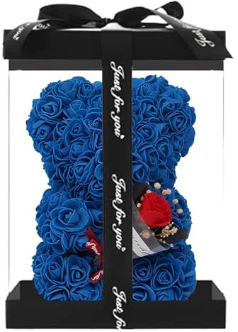 Flower Teddy Bear for Her - Transparent Empty Present Box for Artificial Rose, Red Petals Bear in Plastic Box
