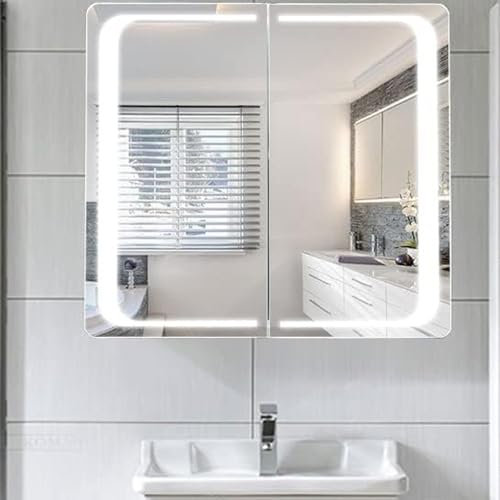 Warmiehomy Bathroom Mirror Cabinet with LED Lights,650x600mm Bluetooth Speaker Illuminated Bathroom Mirror Cabinet with Shaver Socket Demister Pad Sensor Control