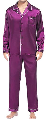 Beokeuioe Pigiama da uomo in raso, 2 pezzi, con pantaloni da notte e camicia da notte, pigiama a maniche lunghe, per tutte le stagioni, pigiama da uomo, viola., XL