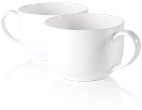COSTMANCE Fine Bone China Soup Mugs with Handle Set of 2, 25 Oz Simplicity White Large Cup, Lightweight Ceramic Bowls for Ice Cream, Oatmeal, Cereal, Fruit, DIY Gift
