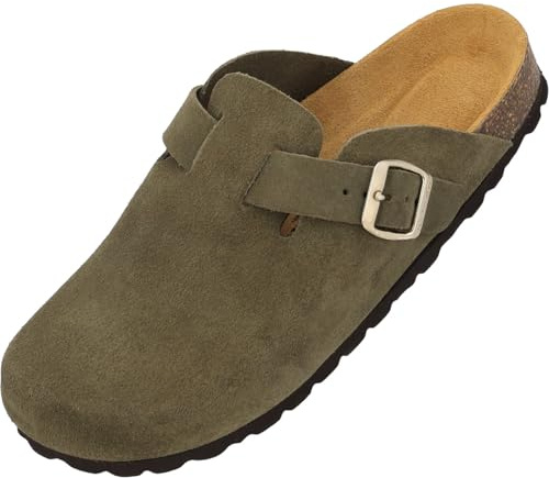 Palado Clogs Damen Kiel Premium Leather - bequeme Pantoletten Made in Spain - elegante Hausschuhe mit Kork-Fußbett - modische Sommerschuhe Olive UK5,5 - EU38