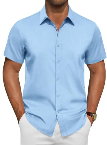 siliteelon Men's Short Sleeve Shirts Blue Stain Shield Dress Formal Shirt