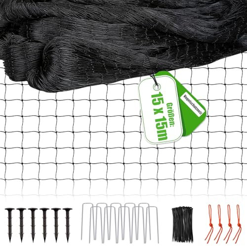 Vogelschutznetz - 15m x 15m Vogelnetz mit 6cm Netz für Gartennetz, Teichnetz als Katzennetz für Balkon, UV-beständig Obstbäumenetz für Hühnerzaun, Laubnetz mit 6 Bodenanker