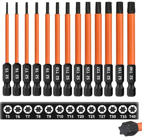 13Pcs 3 inch /75 mm Long Torx Bit Set for Impact Driver, Star Bit Set | S2 Steel 1/4'' Hex-Shank Magnetic Torx Screwdriver Bit (T5-T40), Torx Head Drill Bit Set with CNC Machined Tips