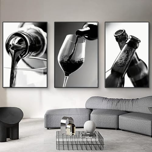 Uixxducc 3er Moderne Bilder Set Schwarz-weiße Einfachheit Wein Gläser Poster Set Wandbilder Wohnzimmer Schlafzimmer Deko, Ohne Rahmen (40x50cm)