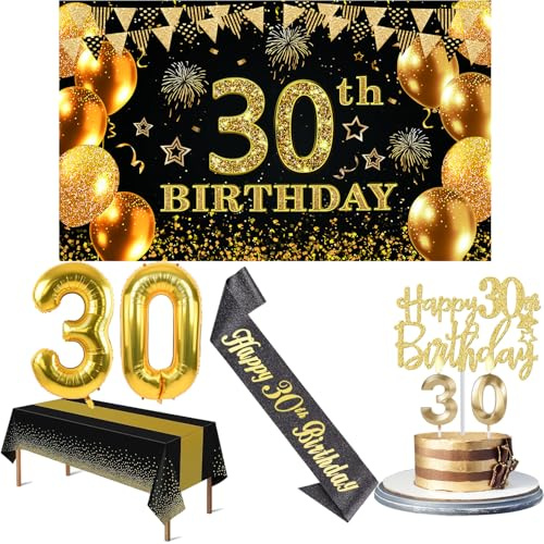 Amosking 30th Birthday Decorations for Him Her Black Gold | Luxury 30th Birthday Decorations - Easy Assembly with Banner, Number Balloons, Table Cloth, Sash, Cake Topper and Candles