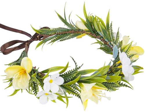 KorViSHOW Hawaiian Orchid Flower Crown - Tropical Leis Floral Headband Hawaii Floral Headpiece Hula Dress Up Accessory, Yellow-white, 45cm
