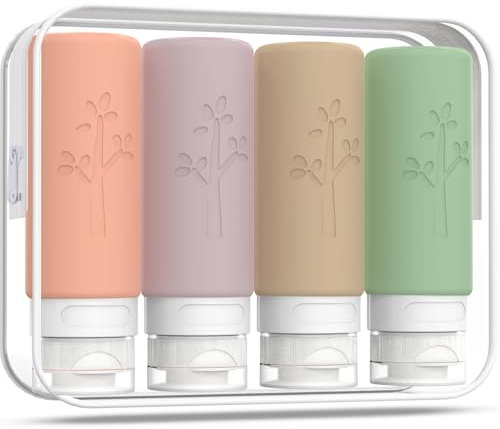 100ml Silicone Travel Bottles for Toiletries, 4 Pack Leak Proof Refillable Squeezable Containers with Clear Zipper Bag and Labels, Portable Travel Essentials 3oz for Shampoo Conditioner