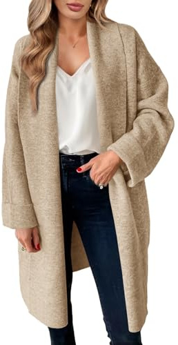 Saodimallsu kofta dam lätt oversize lång jacka cardigan öppen front tröja casual enfärgad stickad kappa, kaki, M